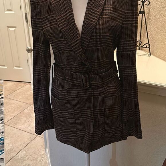 Marc Cain Women's Size N3 Belted Peacoat Black Brown Herringbone Plaid New - Picture 4 of 12